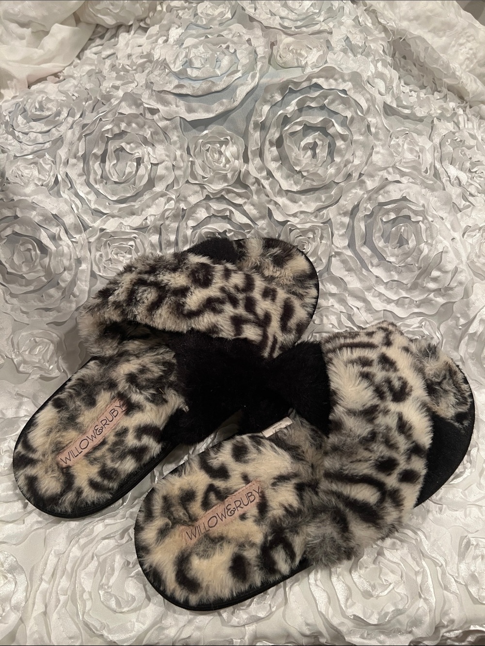 Leopard Print Faux Fur Slide Slippers - Black & Cream